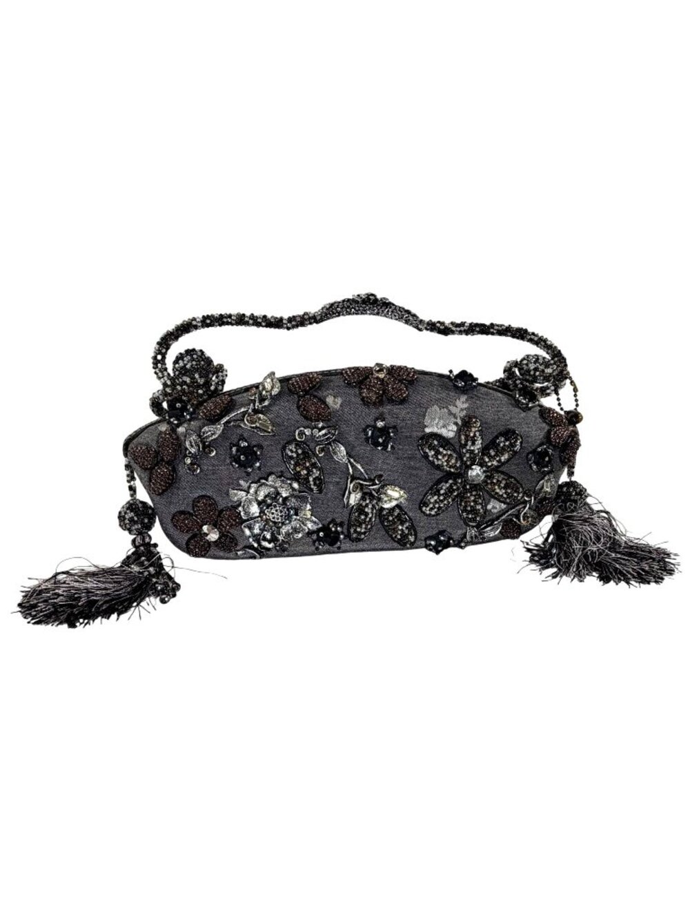 Mary Frances Beaded Floral Evening Handbag Tassels Gray Double Handle Snap